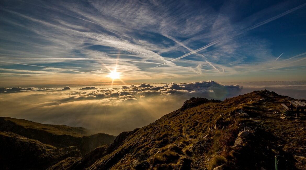 mountains, sun, clouds