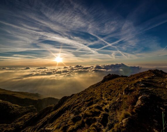 mountains, sun, clouds